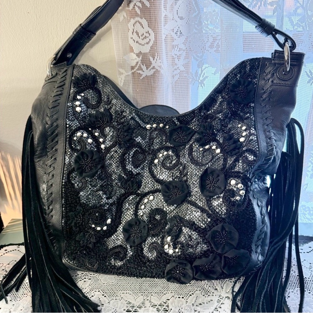 Mary Frances Black Floral Embellished Large Hobo Shoulder Bag